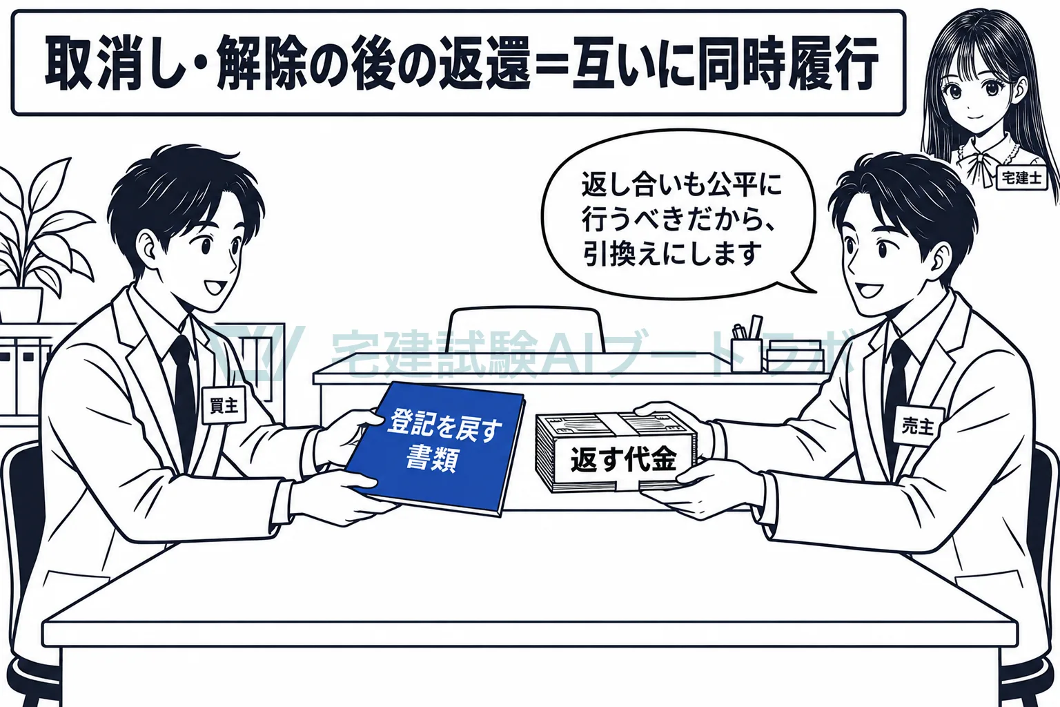 契約が取り消された後の、登記を戻す義務と代金を返す義務も同時履行。