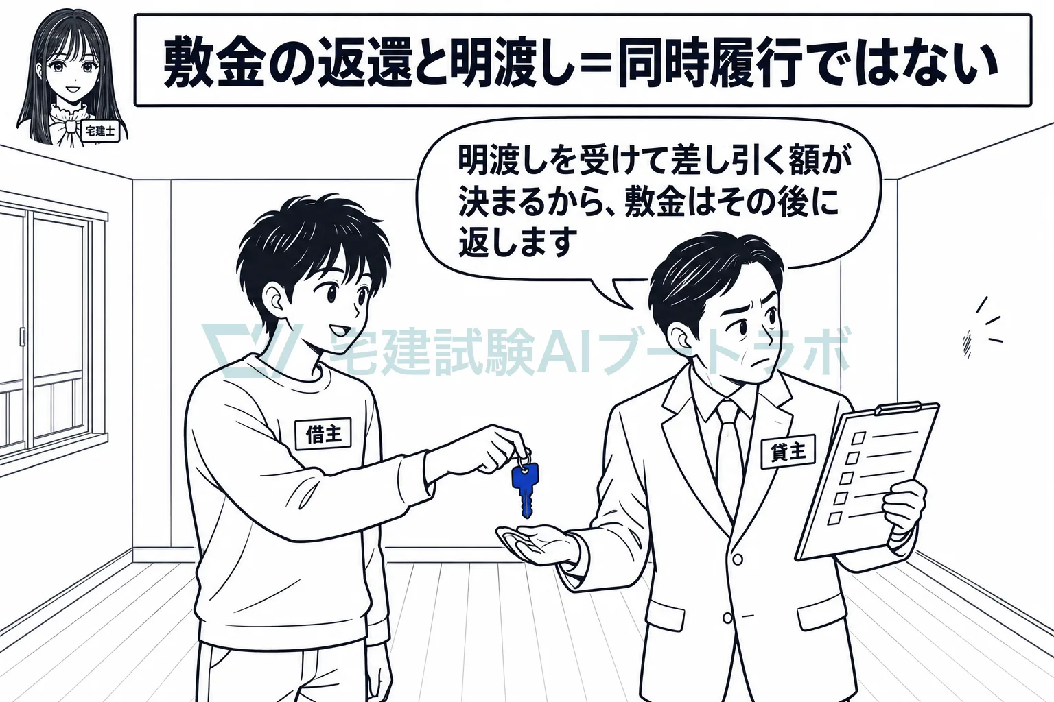 建物の明渡しが先で、敷金の返還はその後になる。