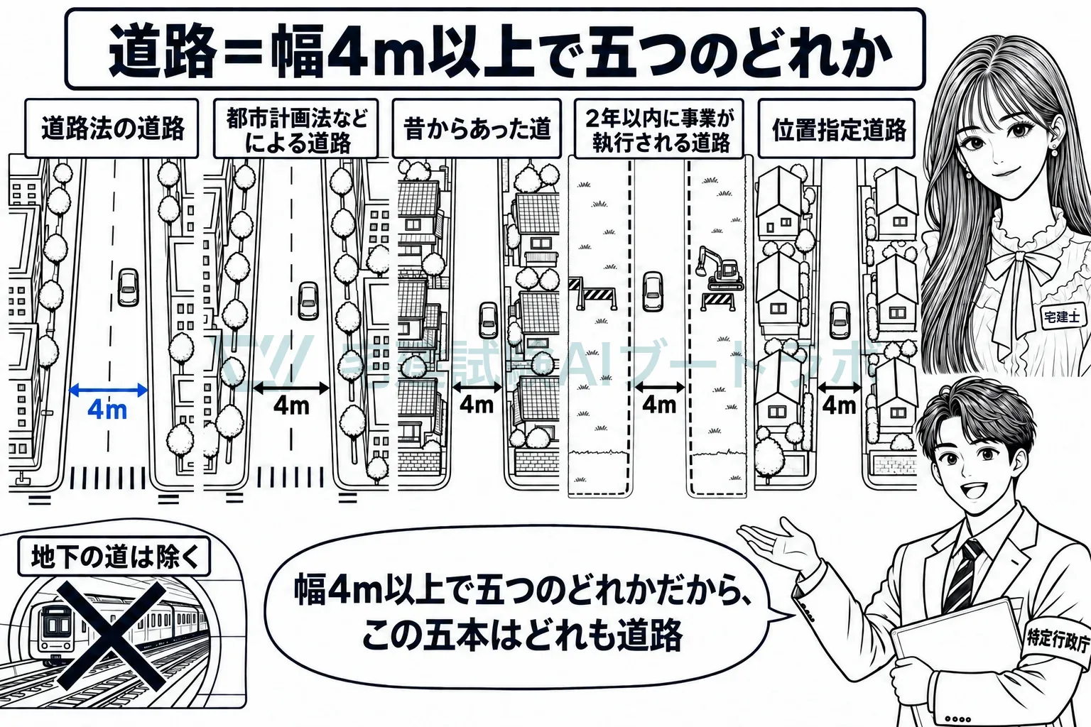 幅4m以上で、五つの生まれ方のどれかに当たる道だけが道路。