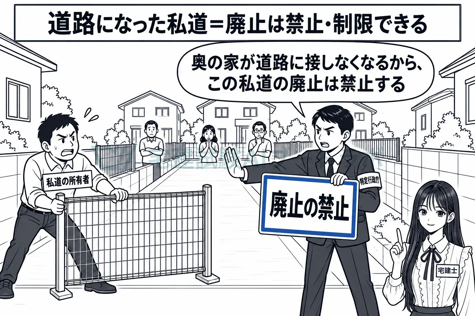 道路になった私道の廃止は、特定行政庁が禁止・制限できる。