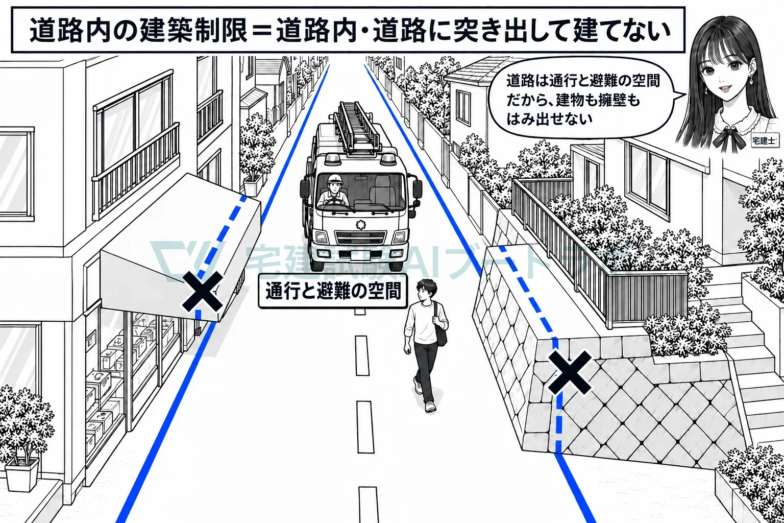 道路は通行と避難の空間だから、建物も擁壁もはみ出せない。