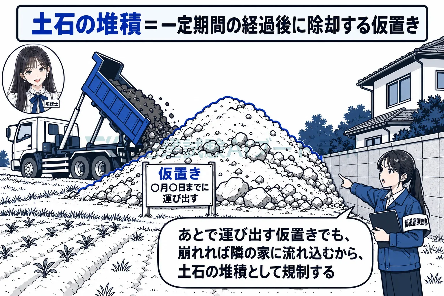 あとで運び出す仮置きでも、崩れれば隣が危ないから規制する。