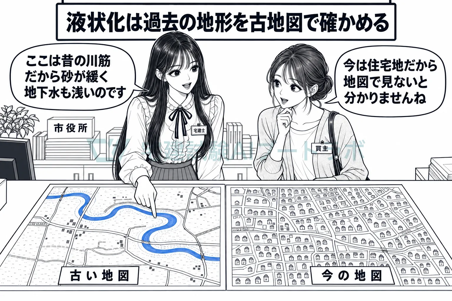 昔の地図で川や池だった所は、緩い砂と水が残るから液状化に注意する。