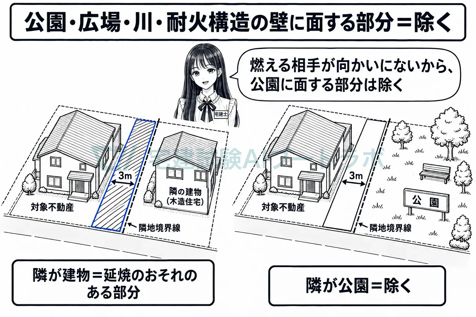 隣が公園なら、距離の中でも延焼のおそれのある部分ではない。