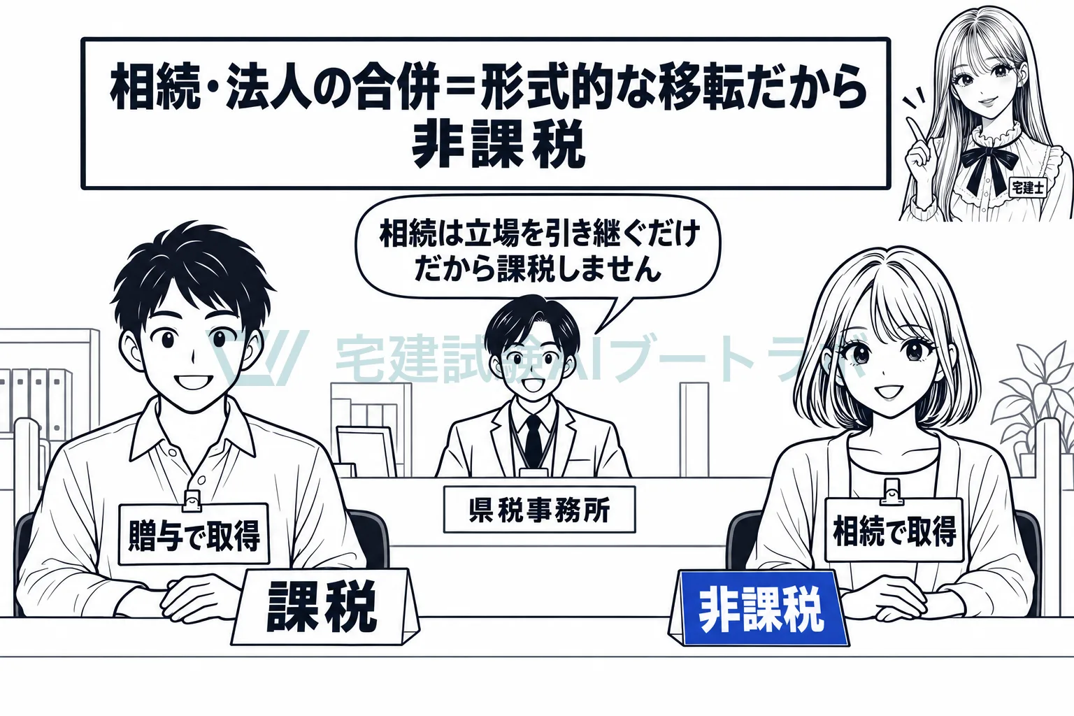 売買・贈与は課税、相続・合併は非課税。
