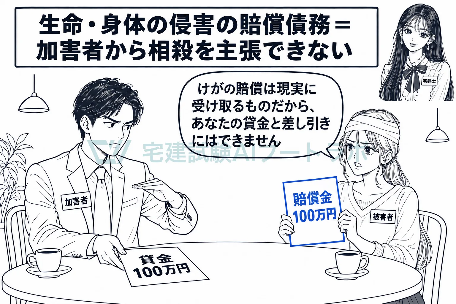 けがの賠償債務は、加害者からは相殺できず、被害者からは相殺できる。