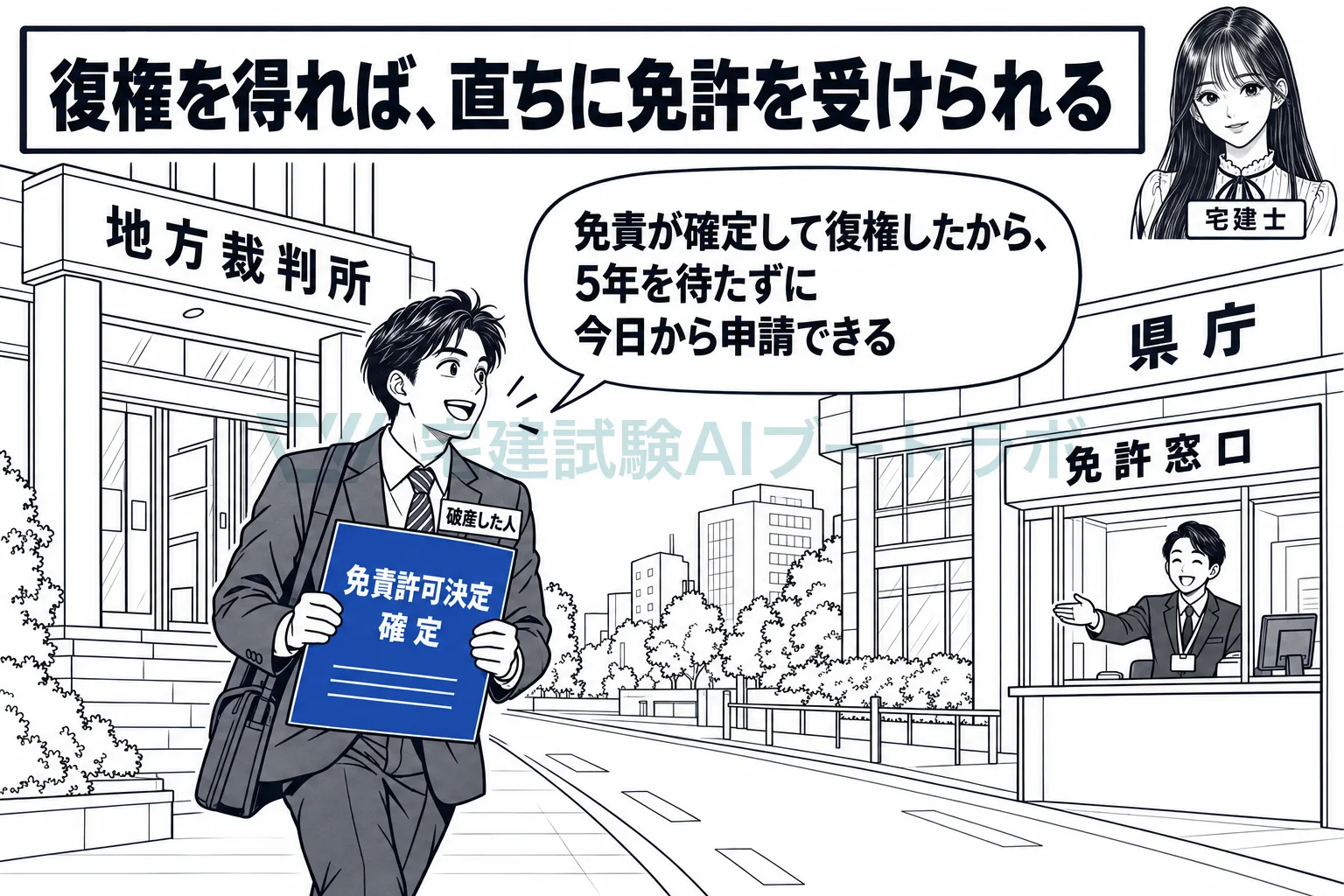 免責が確定して復権すれば、その日から免許を申請できる。