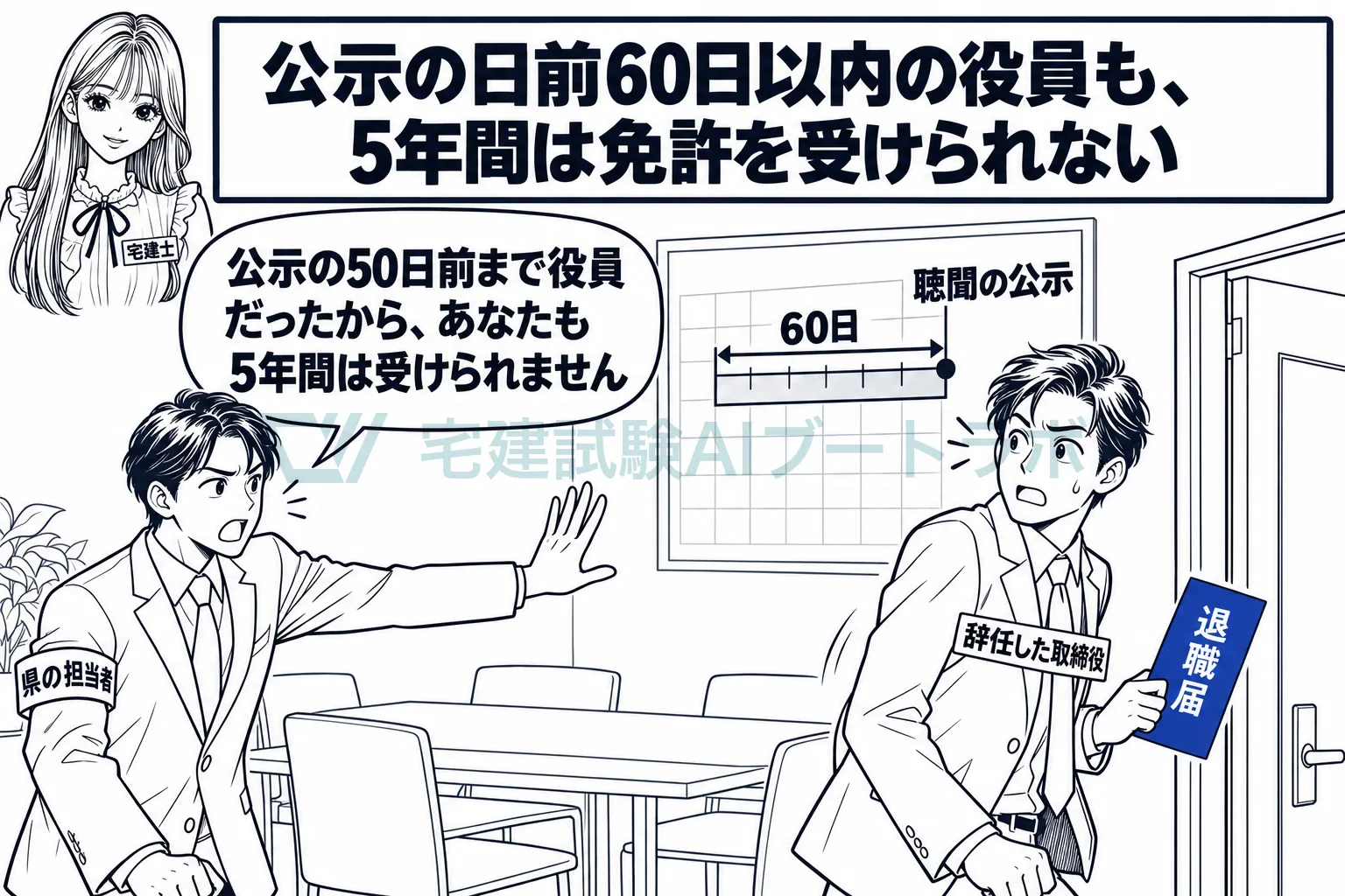 公示の前に辞めても、60日以内に役員だった者は5年間欠格。