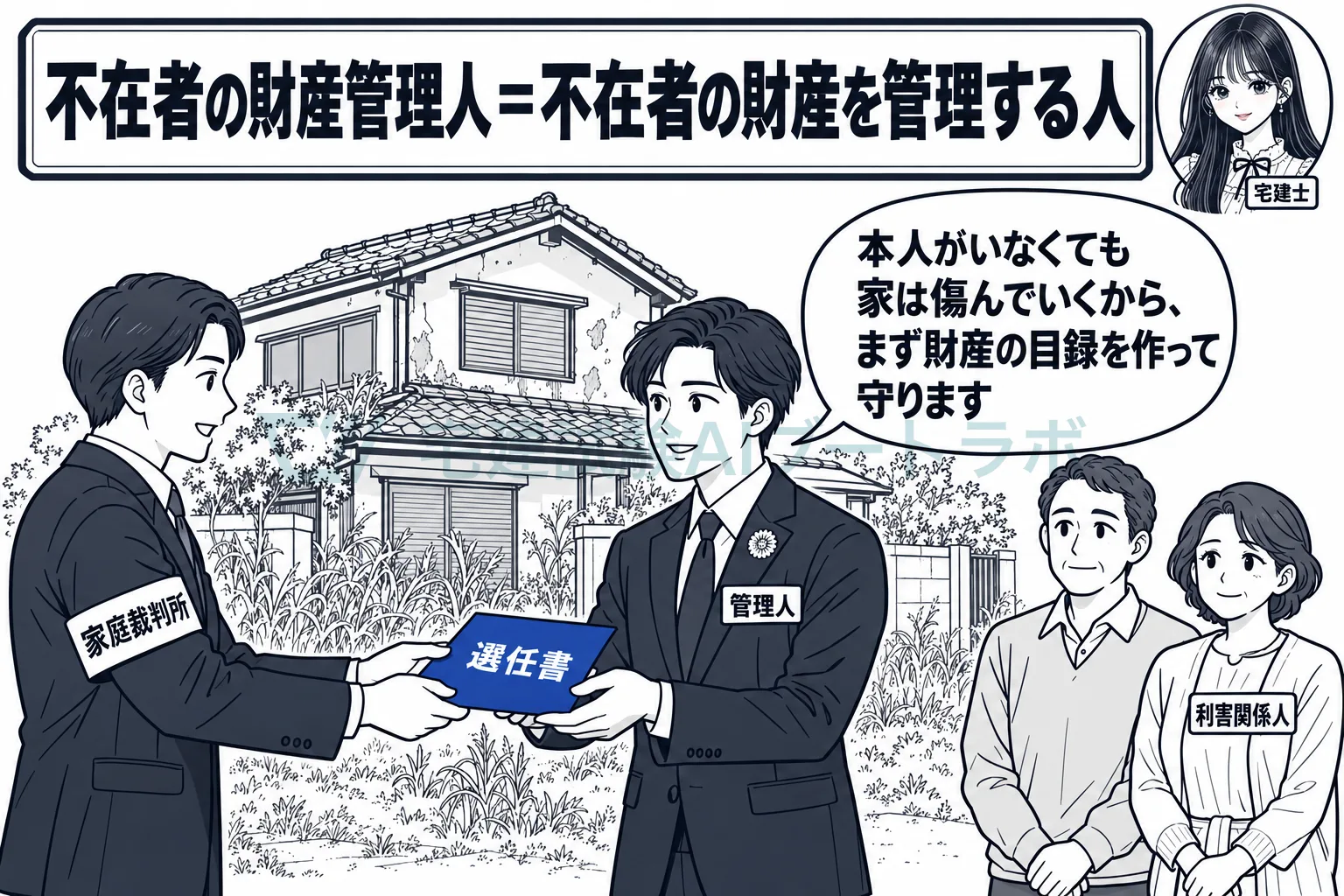 連絡のつかない人の財産は、家庭裁判所が選んだ管理人が守る。