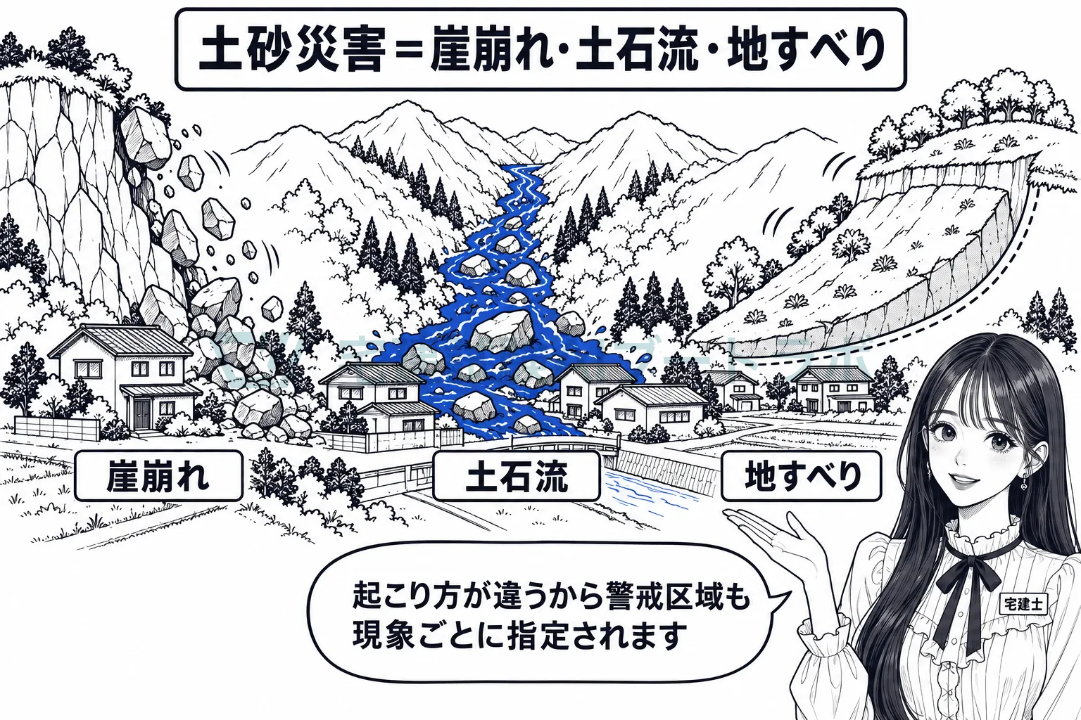 崖崩れ・土石流・地すべりは起こり方が違うから、三つを分けて覚える。