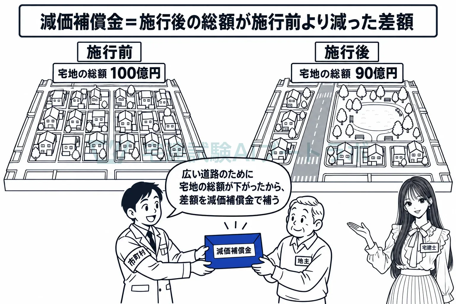 広い道路のために宅地の総額が下がった分を、施行者が地権者に補う。