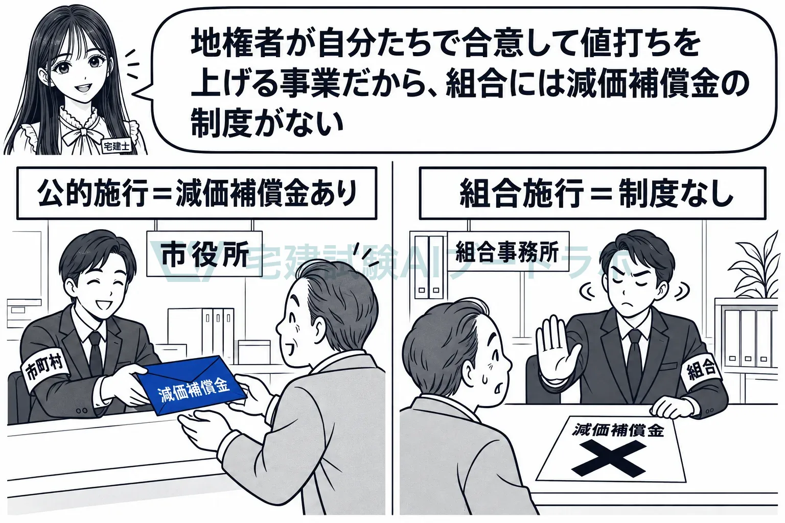 公的施行者には減価補償金の制度があり、組合にはない。