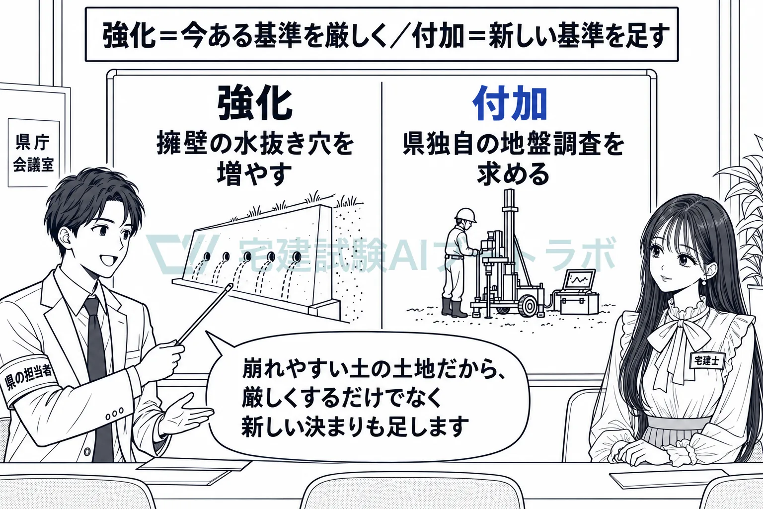 強化は今ある基準を厳しくすること、付加は新しい基準を足すこと。