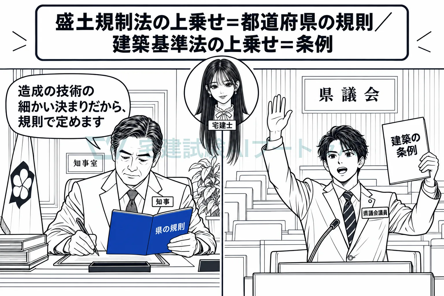 造成工事の上乗せは知事の規則、建築の上乗せは議会の条例。