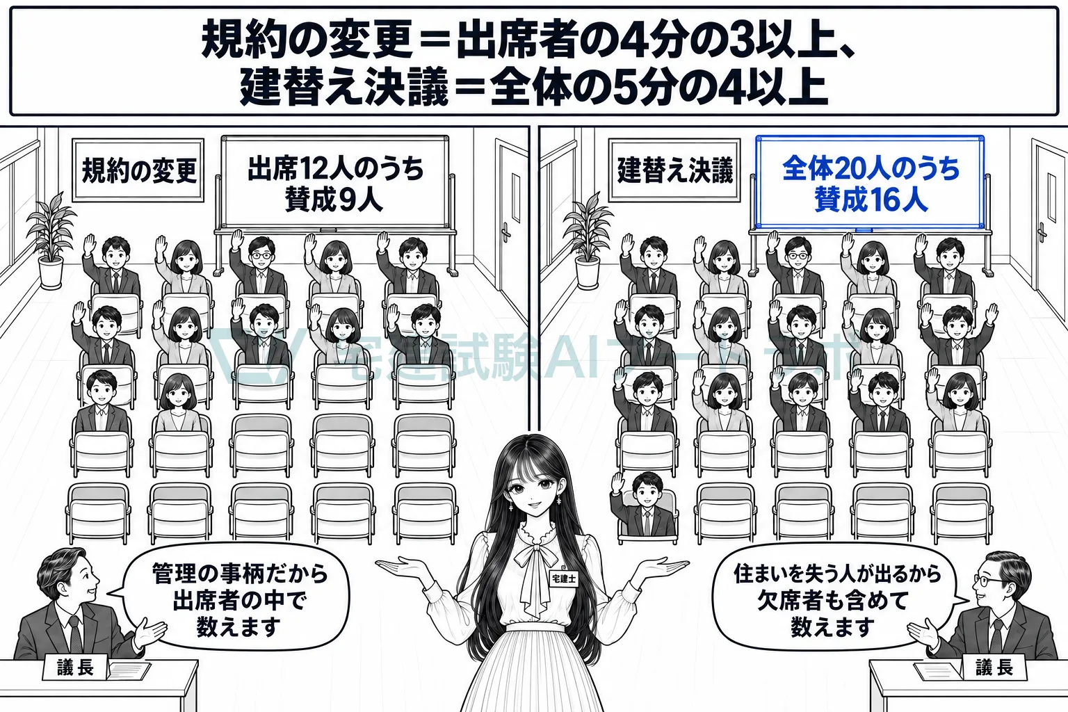 重い事項は過半数の出席と出席者の4分の3以上、建替えは全体の5分の4以上。