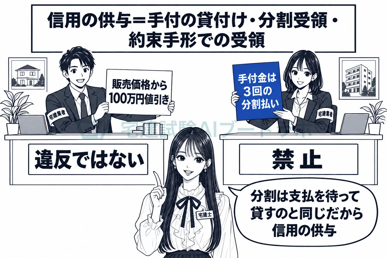 代金の値引きは違反ではなく、手付の分割払いは信用の供与。