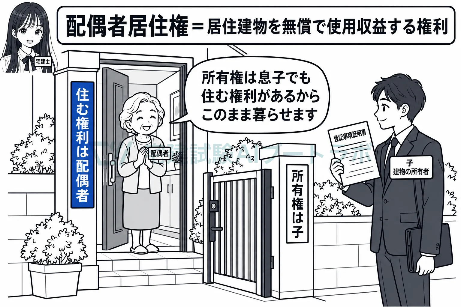 所有権は子が取得し、配偶者は住む権利を取得して家に住み続ける。