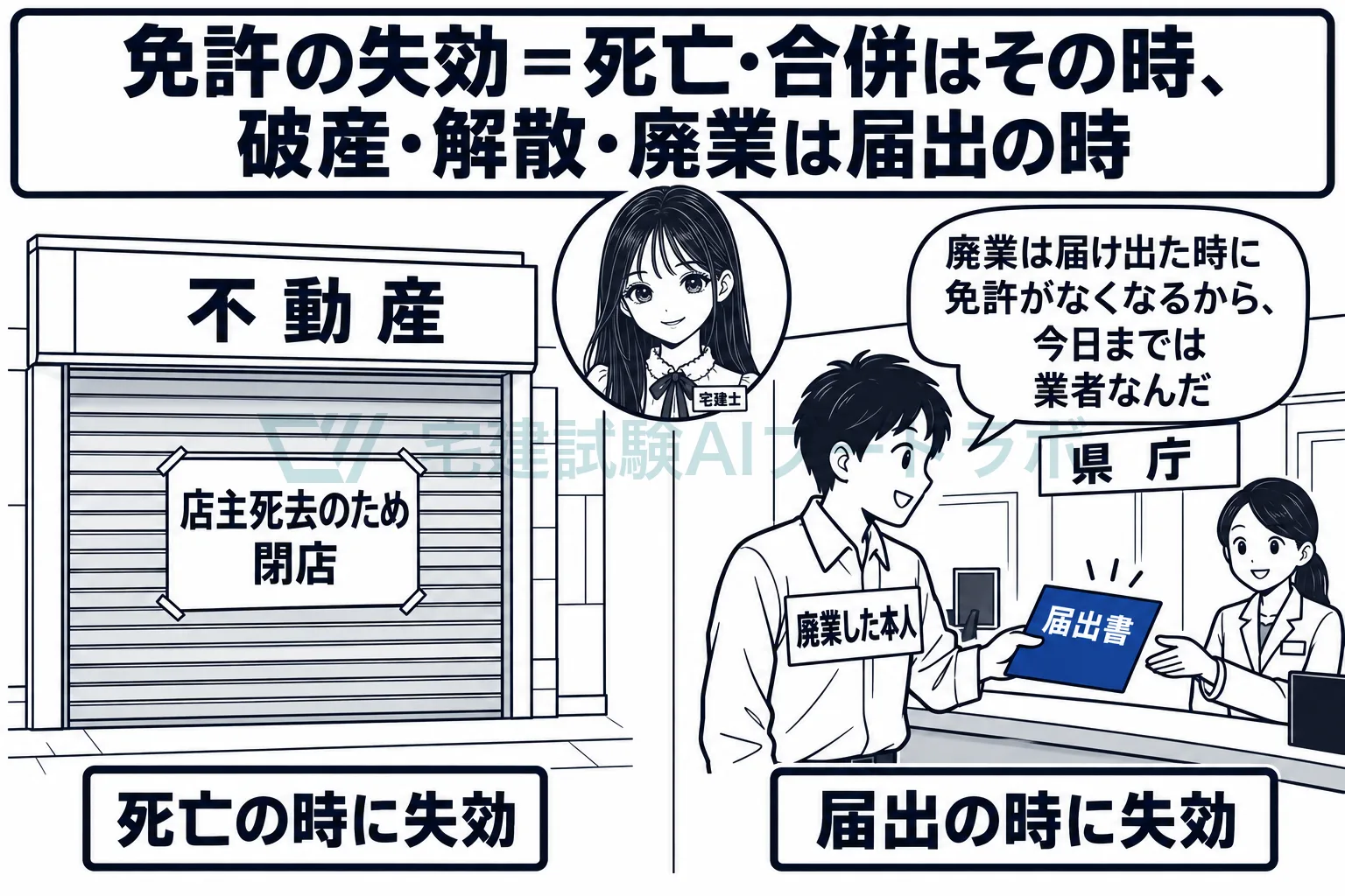 死亡は届出を待たずに失効し、廃業は届出の時に失効する。
