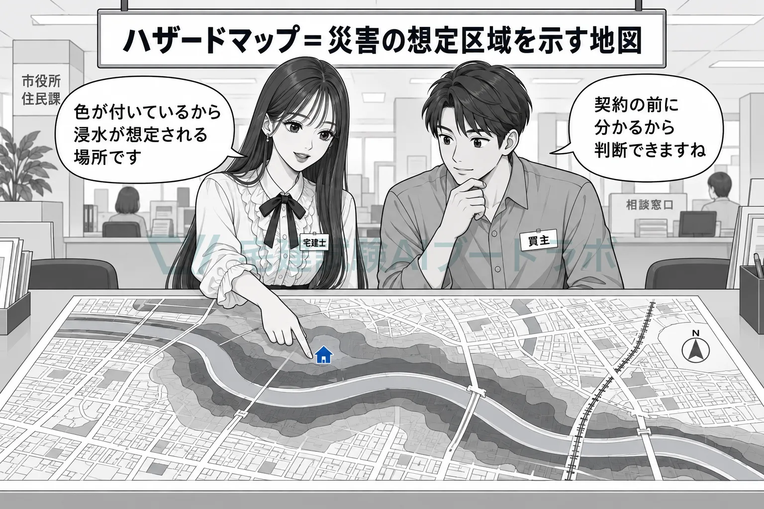 ハザードマップは災害の想定区域を色で示すから、取引の前に物件の位置を確かめる。