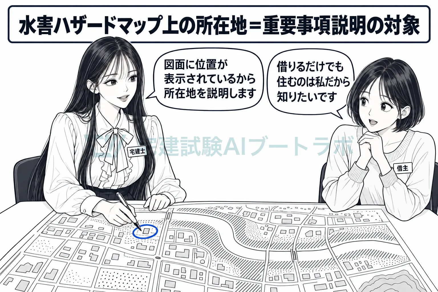 水害ハザードマップに物件の位置があるから、売買でも貸借でも所在地を説明する。