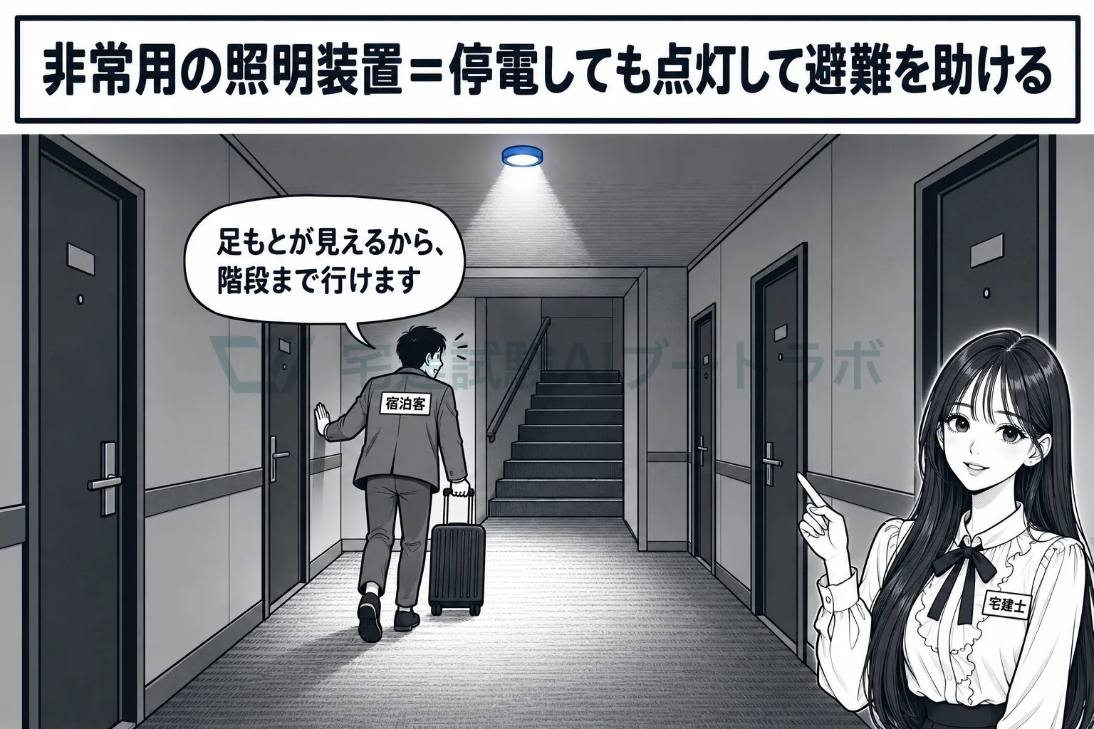 停電しても予備の電源で点灯し、逃げる人の足もとを照らす。