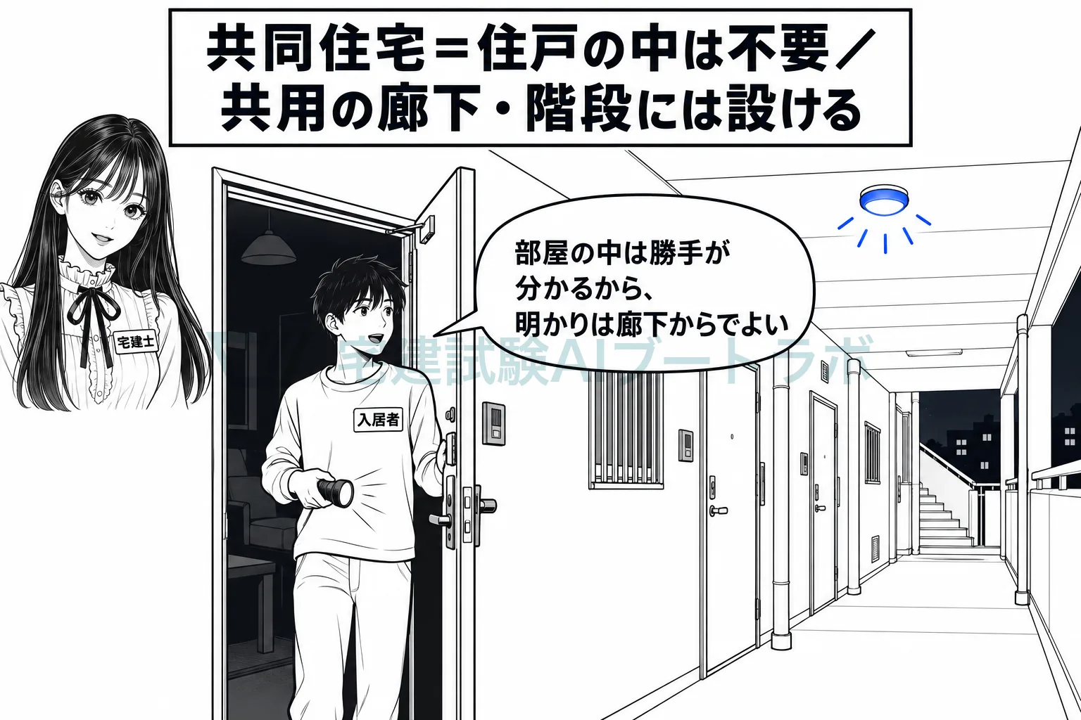 マンションでは、住戸の中は不要、共用の廊下と階段には必要。