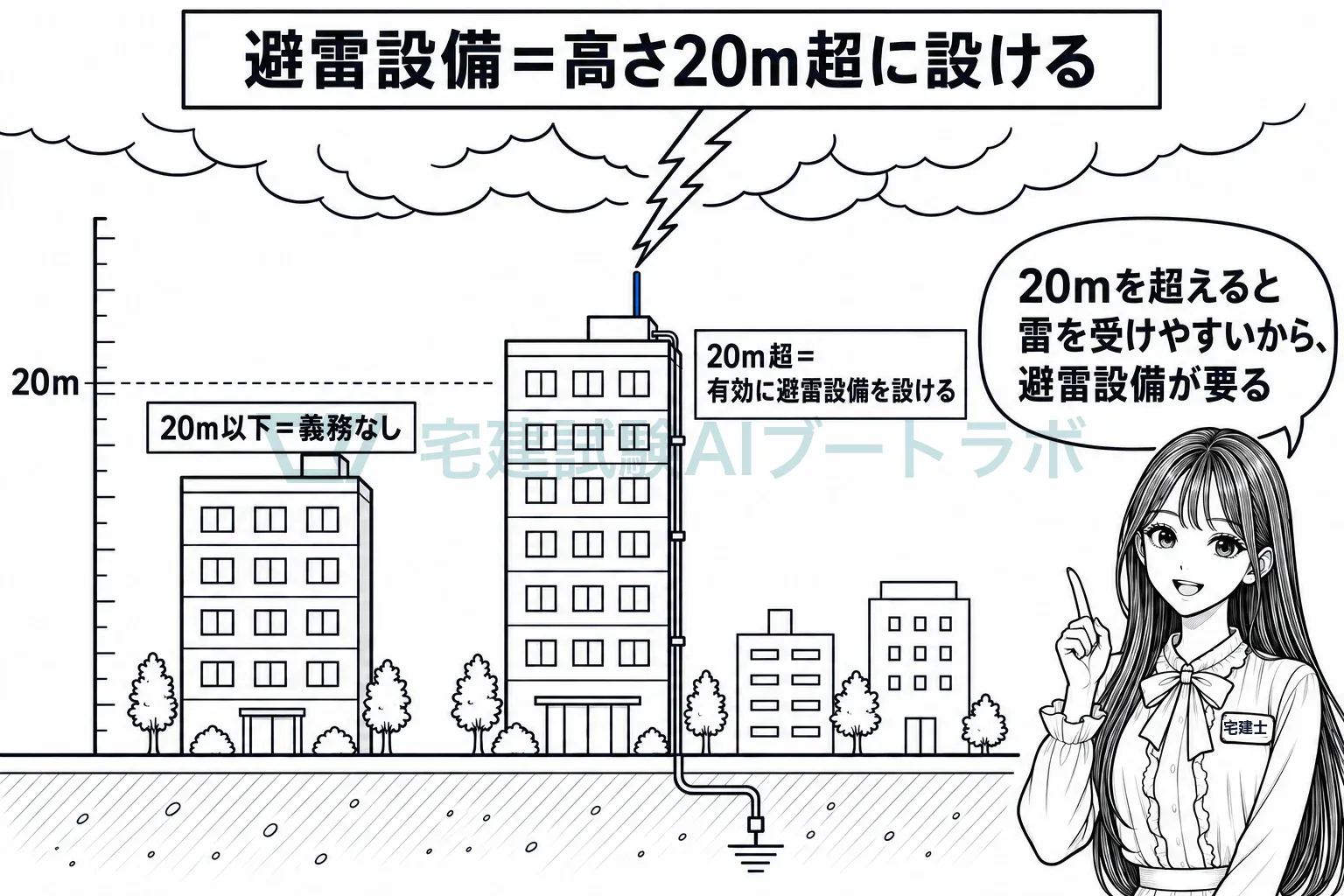 20メートルを超えると雷を受けやすいから、避雷設備を設ける。