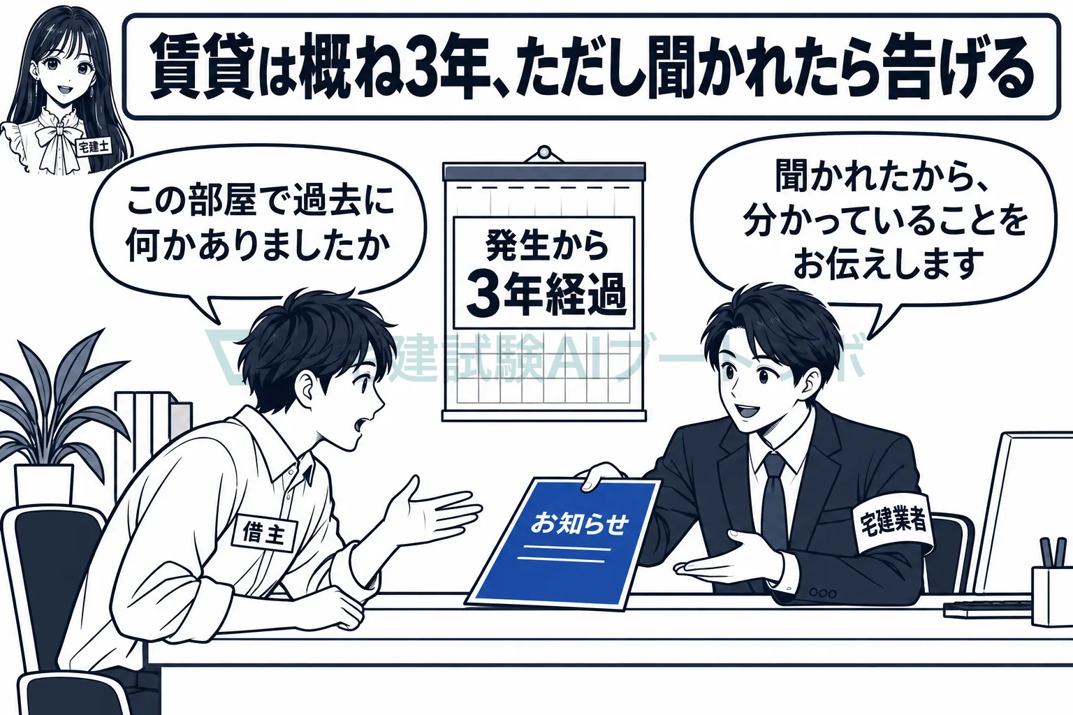 賃貸では概ね3年たてば原則として告げなくてよいが、聞かれたら告げる。