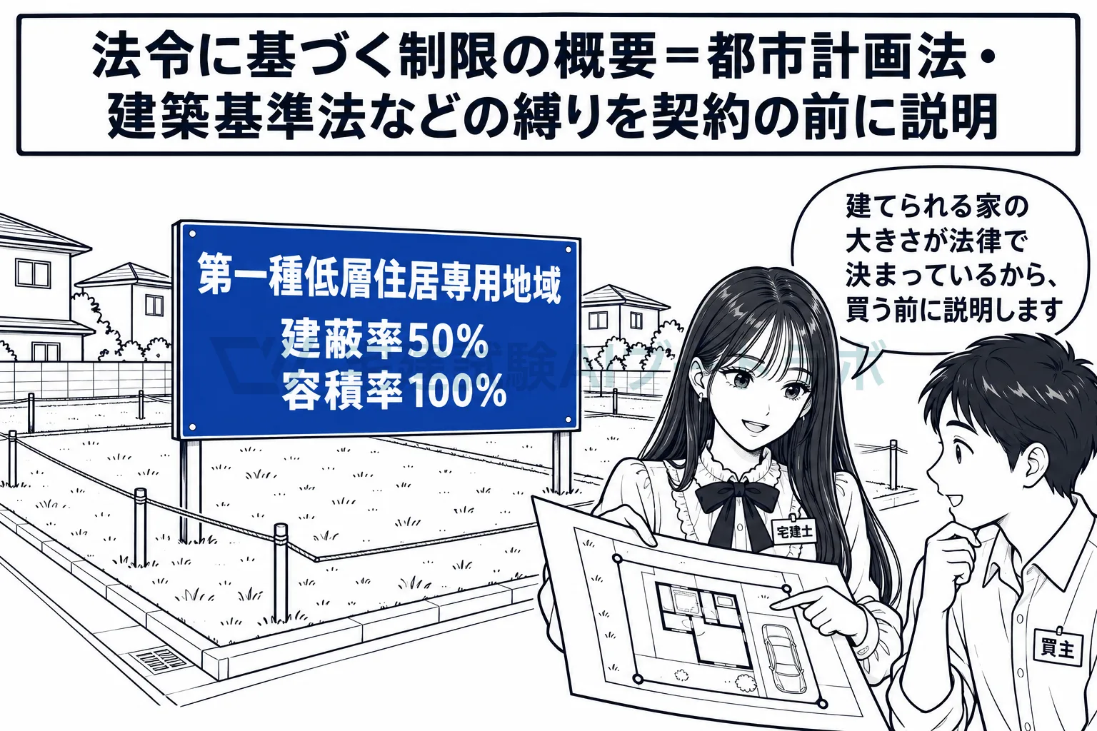 土地を買う人には、何をどこまで建てられるかなどの法令の制限を説明する。