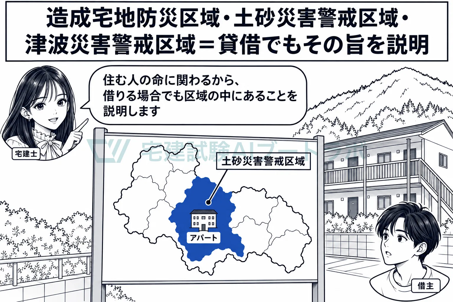 土砂災害警戒区域などにあるときは、貸借でもその旨を説明する。