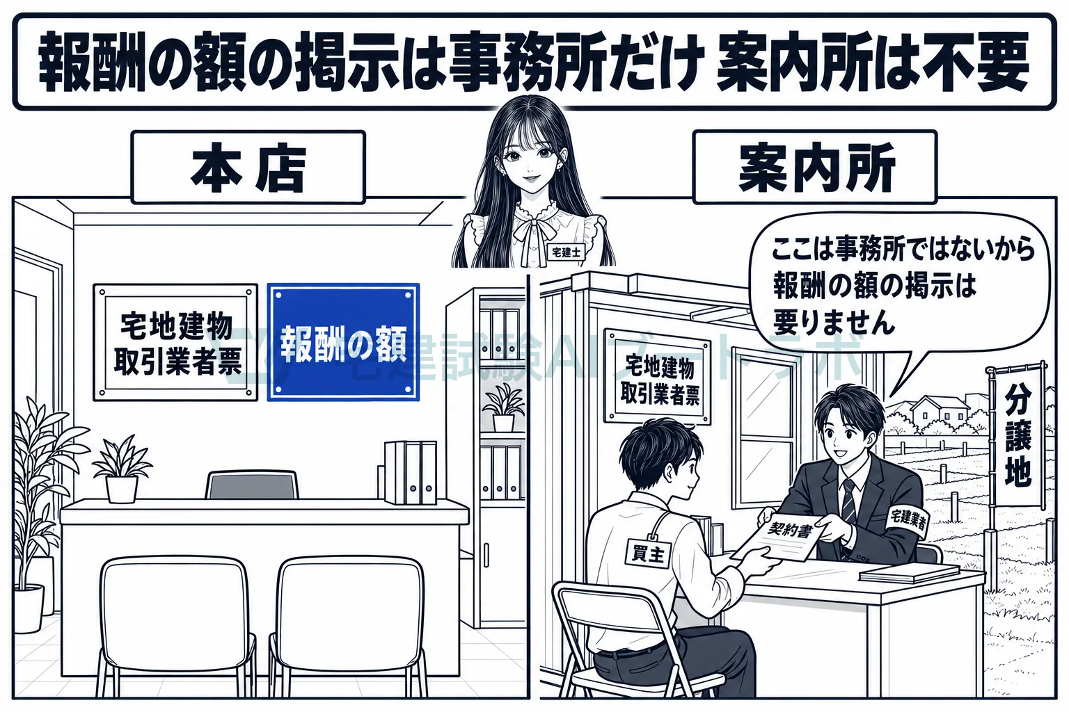 事務所には報酬の額を掲げ、案内所には掲げなくてよい。