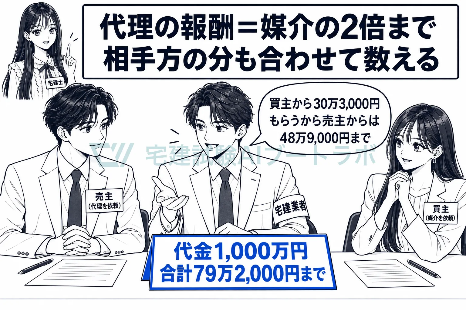 代理は媒介の2倍まで。相手方から受ける分も合わせて数える。