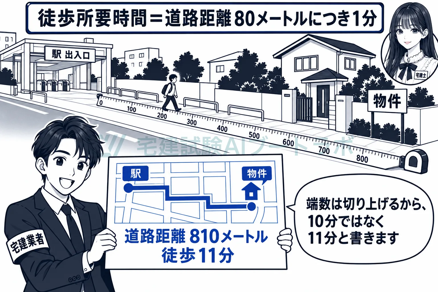 徒歩の所要時間は、道路距離80メートルを1分として計算する。