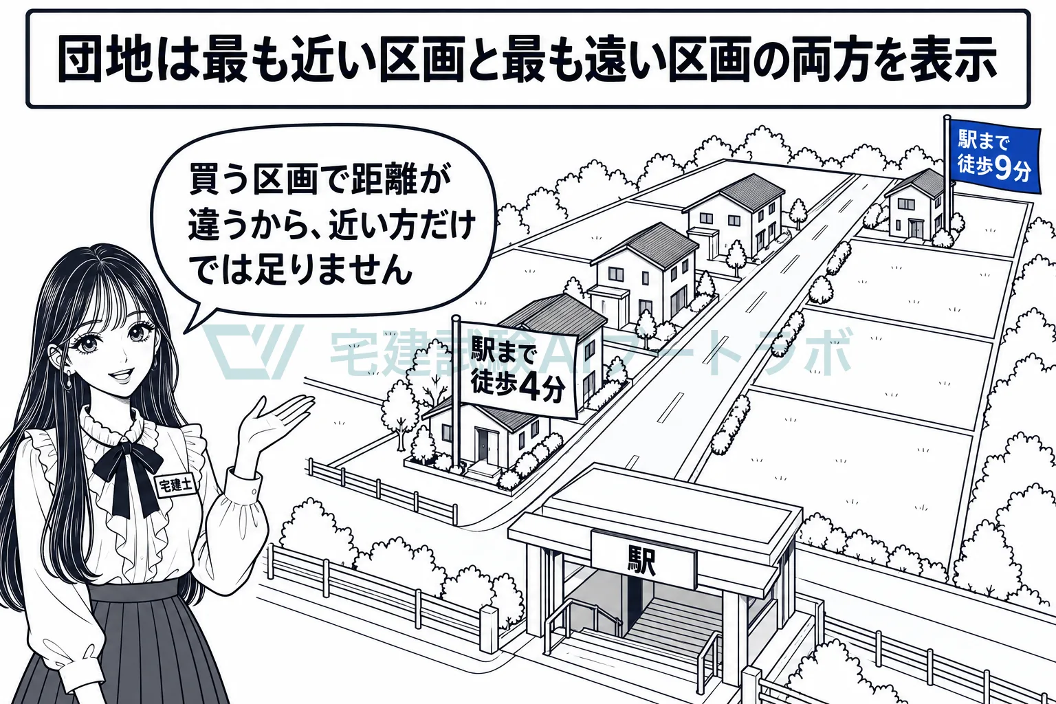 団地は、最も近い区画と最も遠い区画の両方の数値を表示する。