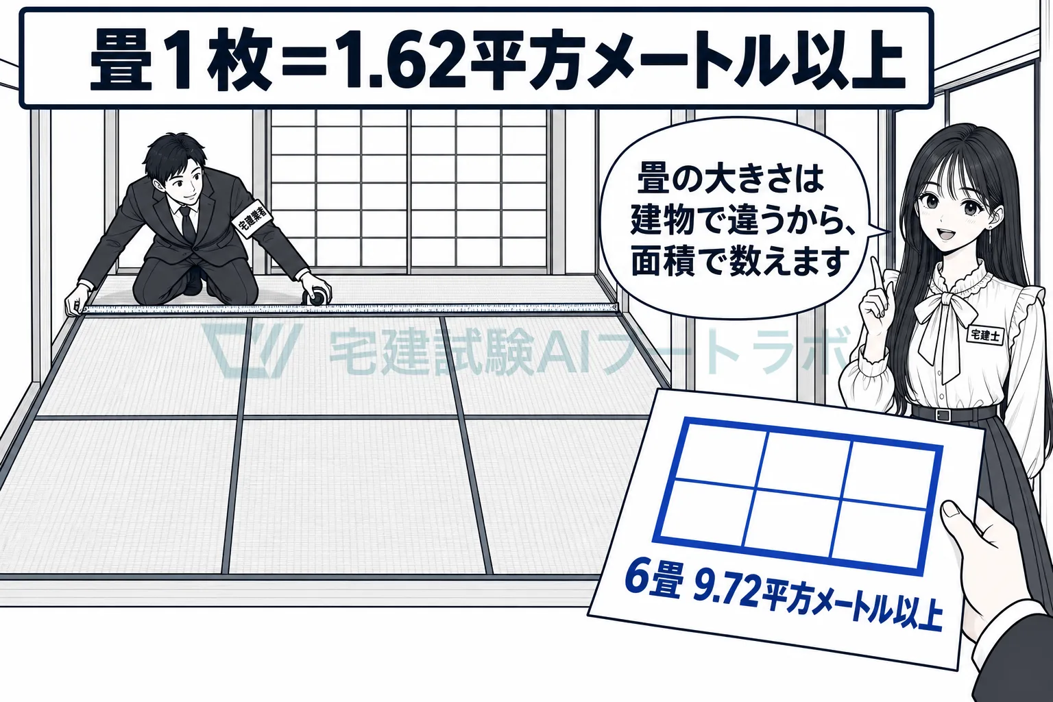 畳数で広さを示すなら、1枚を1.62平方メートル以上として数える。