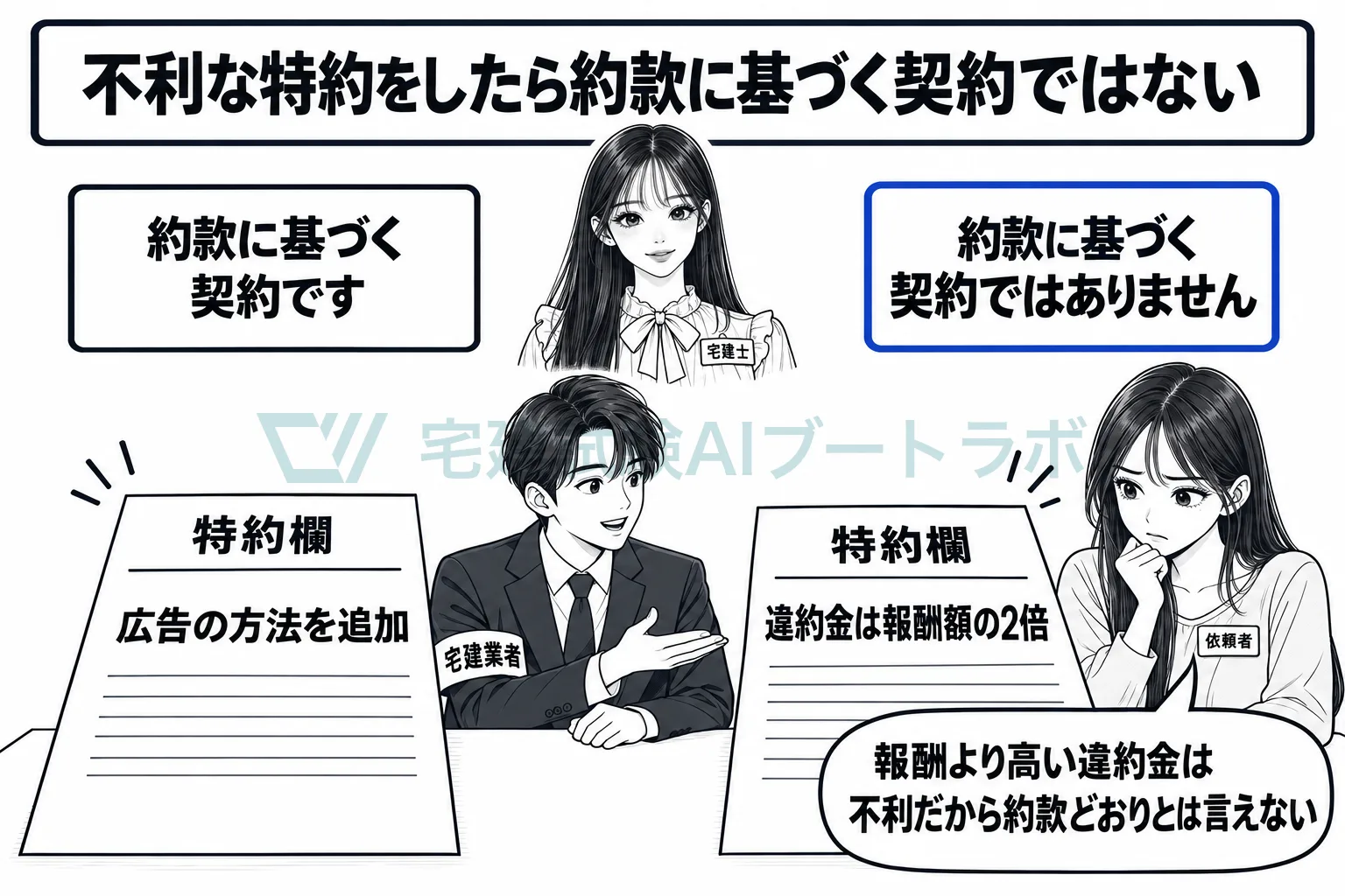 依頼者に不利な特約をすると、約款に基づく契約ではなくなる。