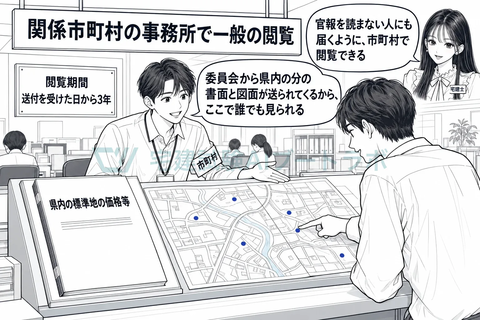 官報を読まない人も見られるように、市町村の窓口に県内の標準地の書面と図面を置く。