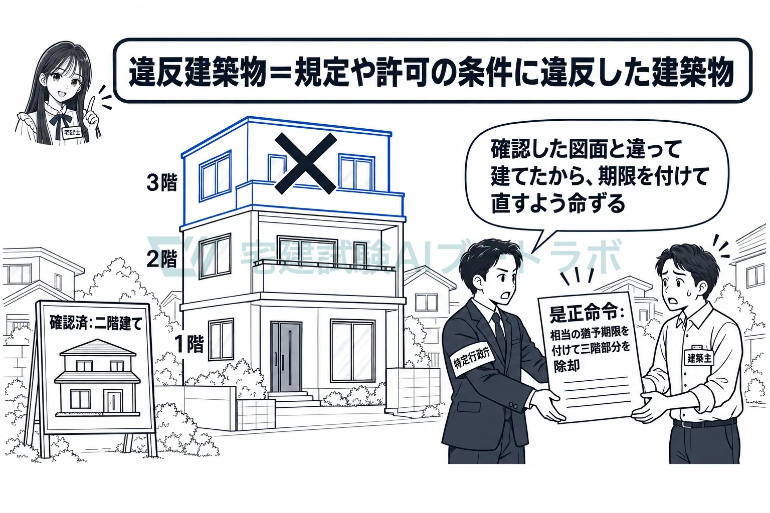 図面と違って建てたから、特定行政庁が期限を付けて直すよう命ずる。