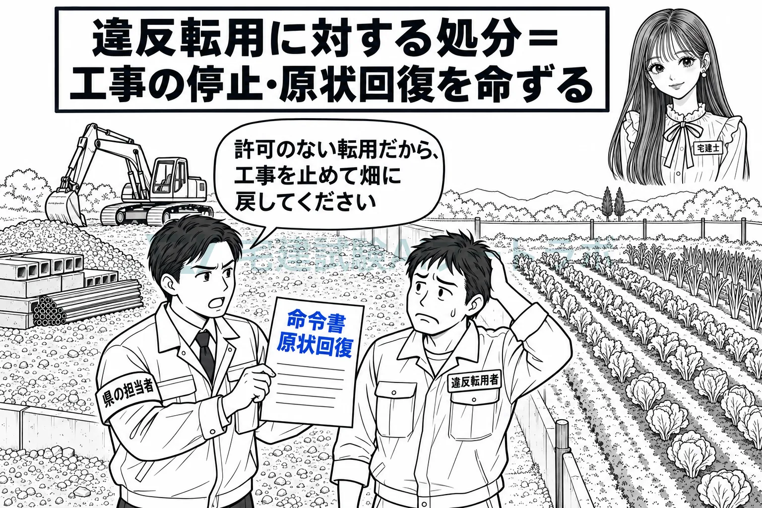 許可なく資材置き場にした畑に、工事の停止と原状回復を命ずる。