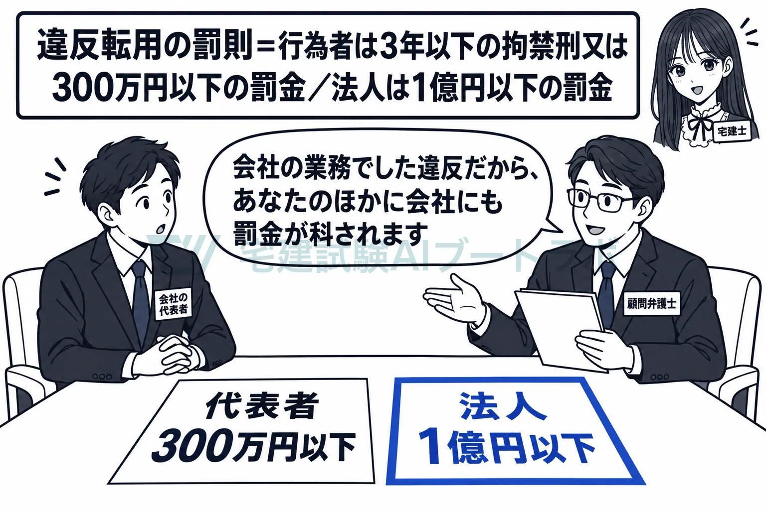 行為者は300万円以下の罰金、法人には1億円以下の罰金。