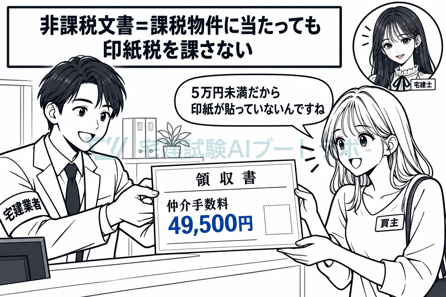 49,500円の仲介手数料の領収書は、5万円未満なので印紙が要らない。