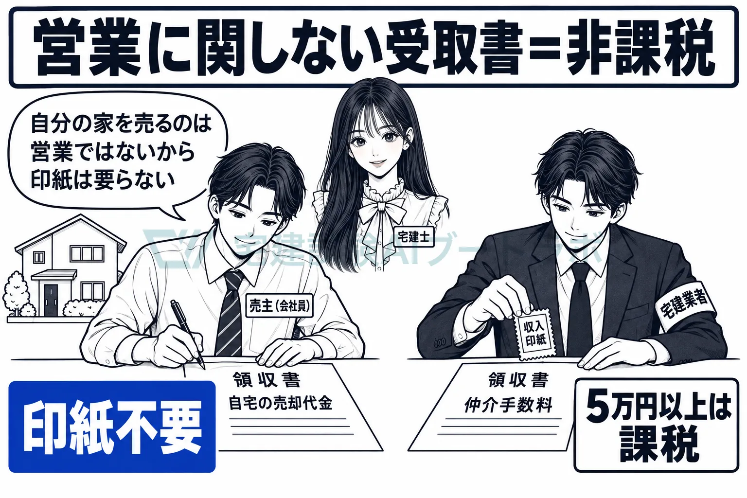 会社員が自宅を売って書く領収書は非課税、業者が手数料で書く領収書は課税。