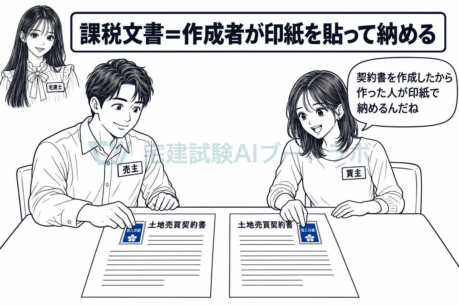課税文書を作成した人が、印紙を貼って消して納める。