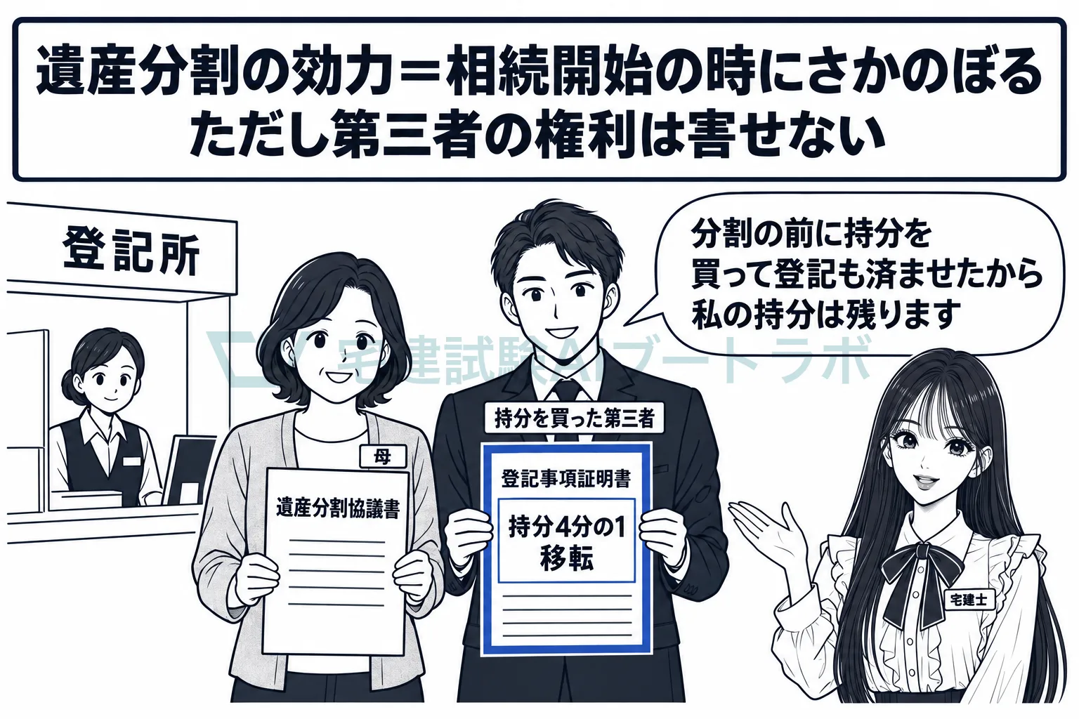 分割の効力は相続開始の時までさかのぼるが、先に登記を備えた第三者は害されない。