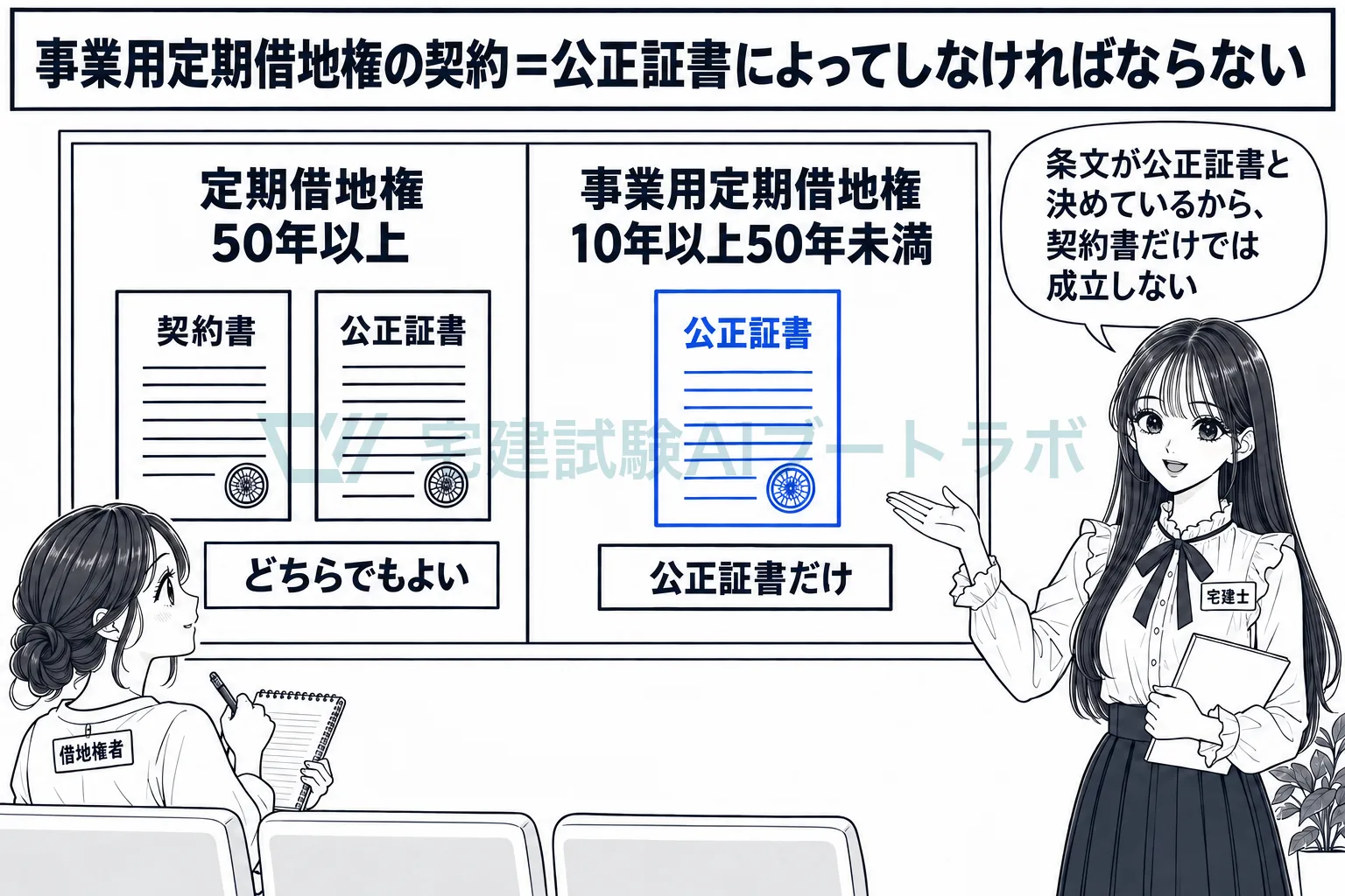 50年以上の定期借地権は書面でよく、事業用定期借地権は公正証書に限る。