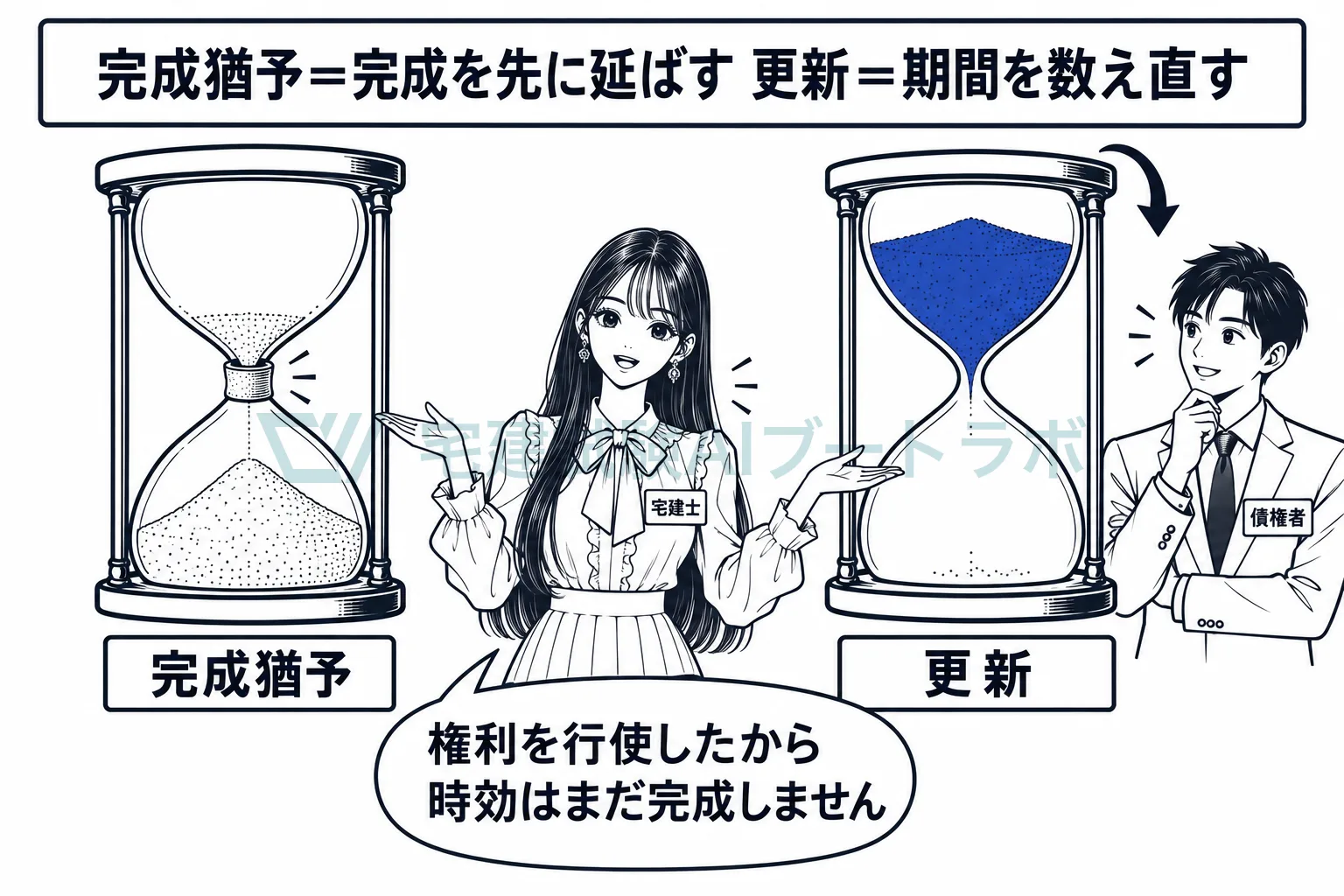 完成猶予は完成を先に延ばし、更新は期間を数え直す。