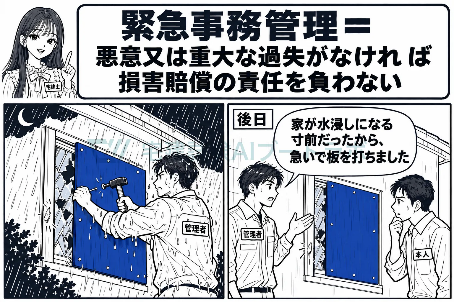 急迫の危害を避けるための事務管理は、悪意や重過失がなければ責任を負わない。