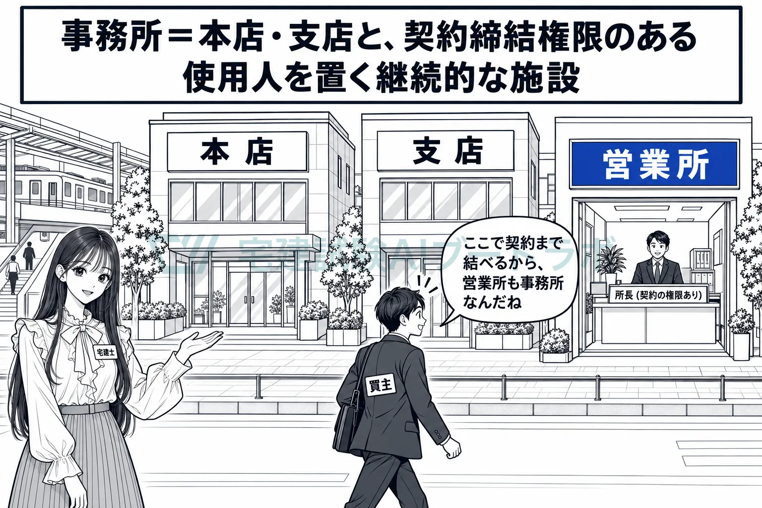 本店・支店と、契約を結ぶ権限のある人を置く拠点が事務所。
