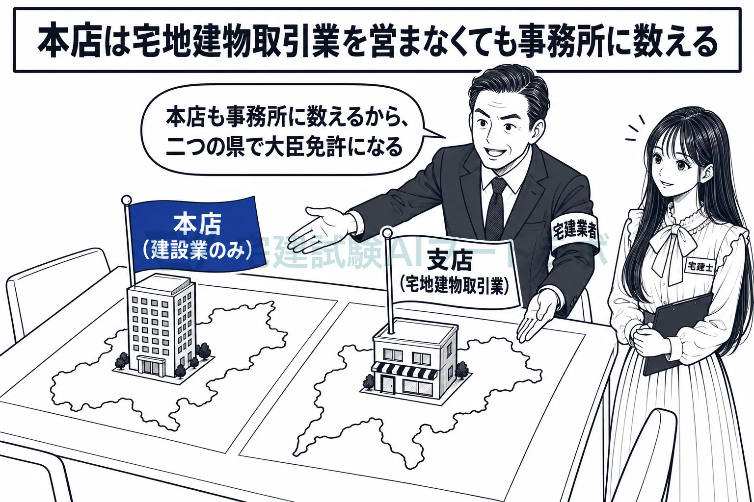 支店だけで営んでも本店は事務所に数えるから、二県にまたがれば大臣免許。