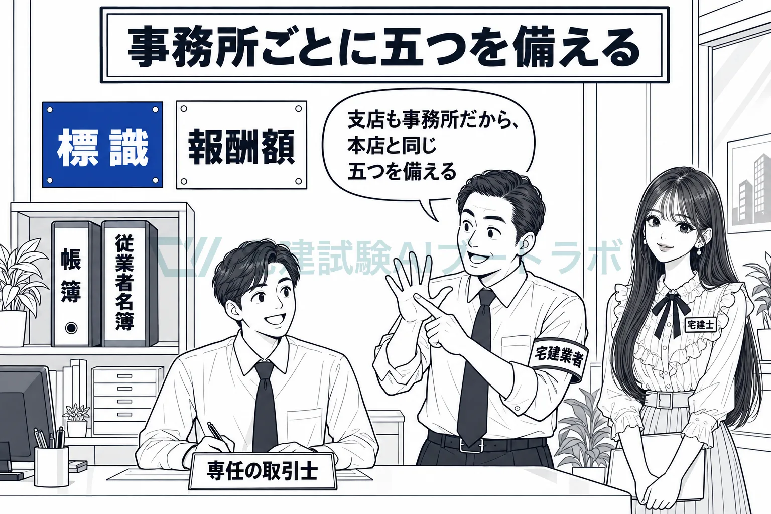 事務所ごとに、標識・報酬額・帳簿・従業者名簿・専任の取引士の五つ。